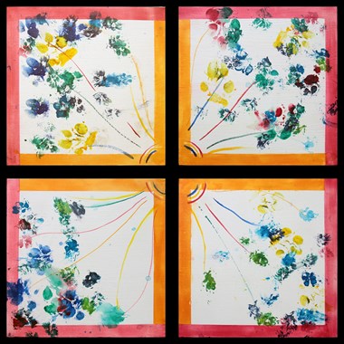 “Bouquet of Paws” Rainbow Cohn Watercolor on Canvas - Quadriptych 25” x 25” $600