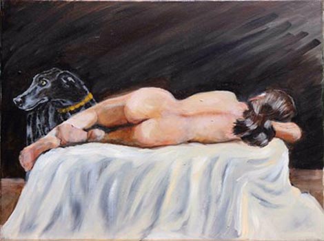 “Vinnie And One Of The Ferrari Girls” – Sandie Srigley - Oil on Canvas - 16" x 20" - $1,500 - Sandieatfringe@aol.com