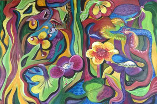 "Fantasy Gardens I", Basia Niesulowski, Acrylic on Canvas, 24"x36", $700, basianiesulowski@yahoo.com
