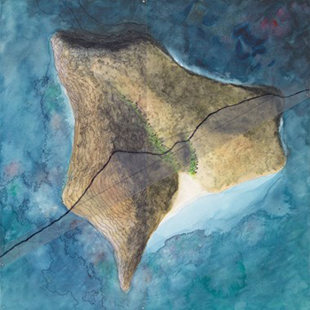 “The Valley Isle” - Darren Sears - Watercolor on Paper and Pen on Plastic Film - 18" x 18" - $400 - www.darrensears.com