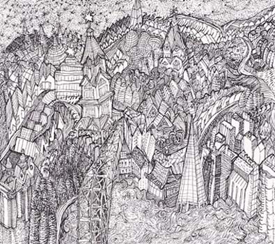 “Fantasy Town” - Lewis Gartenberg - Pen and Ink - 6" X 5.3" - $5000 - LewisGartenberg@gmail.com