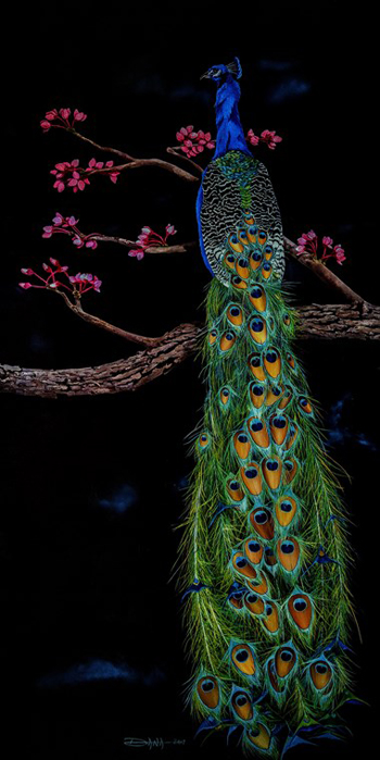 “Royal Peacock” – Dana Newman - Oil on Birchwood, 60" x 30" - $9,500 - dborzoi@gmail.com