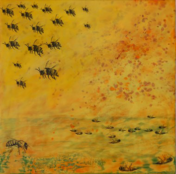 Honorable Mention (Traditional) - “Colony Collapse/Bees 1” - Carrie Baxter - Encaustic and Mixed Media - 20" x 20" - $500 - www.carriebaxter.com