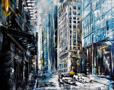 3rd Place (Traditional) - “Cityscape” - Valdengrave Okumu - Acrylic on Canvas - 24" x 18" - www.facebook.com/valdengraveart