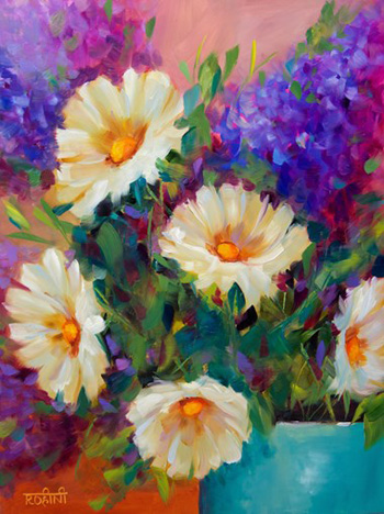 "White Daisies And Purple Delphiniums", Rohini Mathur, Oil On Panel, 16"x12", NFS, http://www.rohiniartworld.com/