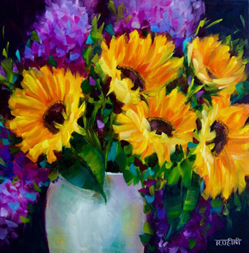 "Glow In The Dark Sunflowers", Rohini Mathur, Oil On Canvas, 14"x14", NFS, http://www.rohiniartworld.com/