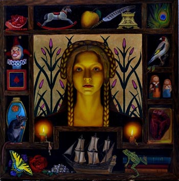 “Mary” – PD Davis – Oil and Metal Leaf on Board – 24” x 24” - $1,700 - cargocult@sbcglobal.net