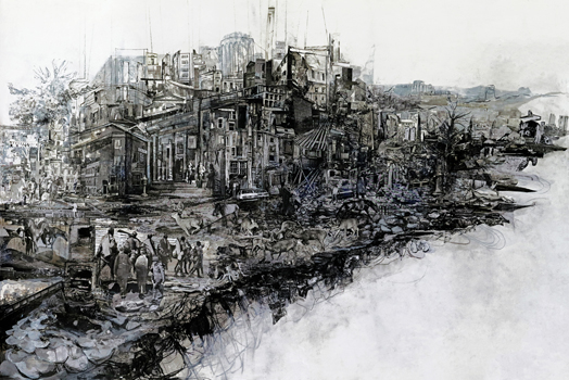 Back Home - Drawing, Collage, Image Transfer, Ink Wash - 32" x 46"