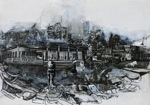 Barrier - Drawing, Ink Wash, Collage, Image Transfer on Canvas, 5" x 7"