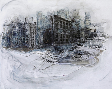 Cold Bones - Drawing, Ink Wash, Collage, Image Transfer on Canvas, 18" x 24"