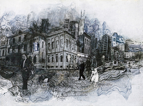 Commemorative - Drawing, Ink Wash, Collage, Image Transfer on Canvas, 6" x 8"