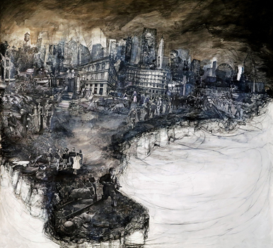 Endemic Subtlety, - Drawing, Ink Wash, Collage, Image Transfer on Paper, 46" x 62"