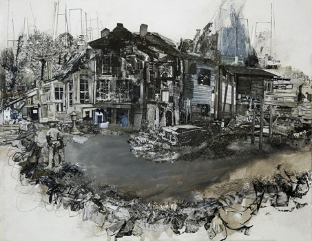 Familiarity - Drawing, Ink Wash, Collage, Image Transfer on Canvas, 18" x 24"