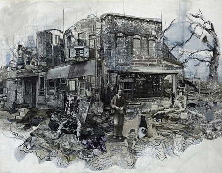 Flashback - Drawing, Ink Wash, Collage, Image Transfer on Canvas, 11" x 14"