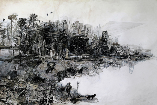 Foxhole Province - Drawing, Ink Wash, Collage, Image Transfer on Paper, 32" x 46"