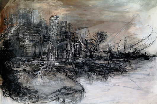 Frontier - Drawing, Ink Wash, Collage, Image Transfer on Paper, 32" x 46"