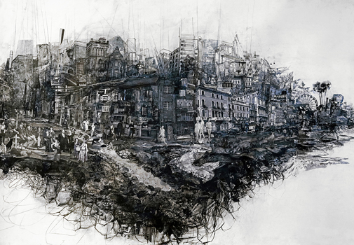Livelihood - Drawing, Ink Wash, Collage, Image Transfer on Paper, 32" x 46"