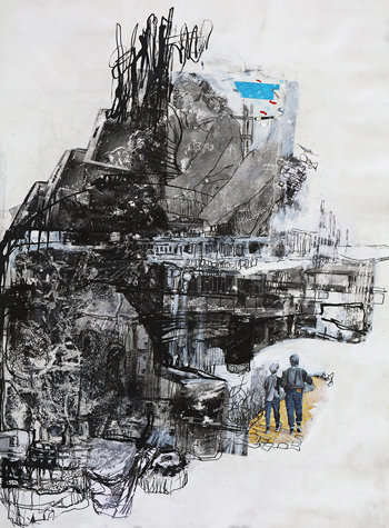 Microcosm - Drawing, Ink Wash, Collage, Image Transfer on Paper, 9" x 12"