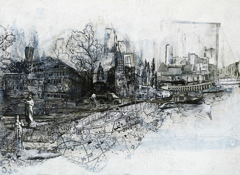 Mythos - Drawing, Ink Wash, Collage, Image Transfer on Canvas, 6" x 8"