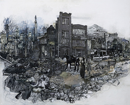 New Fashioned - Drawing, Ink Wash, Collage, Image Transfer on Canvas, 18" x 24"