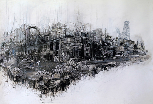 Packed Streets and Place Memory - Drawing, Ink Wash, Collage, Image Transfer on Paper, 32" x 46"