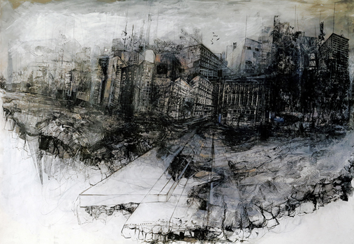 Pale Skies, Higher Ground - Drawing, Ink Wash, Collage, Image Transfer on Paper, 32" x 46"