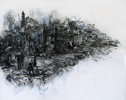 Striking Distance - Drawing, Ink Wash, Collage, Image Transfer on Canvas, 18" x 24"