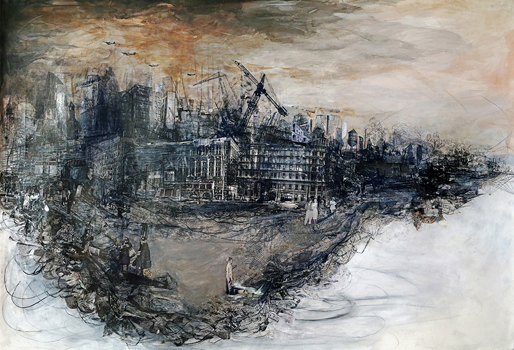 Surveying the Outskirts - Drawing, Ink Wash, Collage, Image Transfer on Paper, 32" x 46"