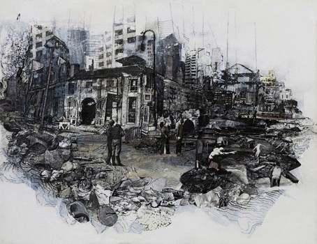 Within Earshot - Drawing, Ink Wash, Collage, Image Transfer on Canvas, 11" x 14"