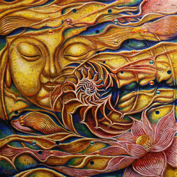 Golden Nautilus Roams with Smiling Buddha (Cycle Series When Eternity Takes Time Out for Life: Cycle One) – Acrylic on Canvas - 30” x 30” - $3,000