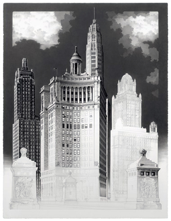 - Study in Light and Form- The Chicago River's South Side Spires- Jack Nixon- Graphite on Paper- 48x60- $100-000- jacknds@cs.com