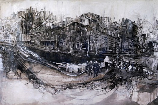 Summits and Urban Sprawl - Drawing, Collage, Image Transfer, Ink wash - 32" x 46"