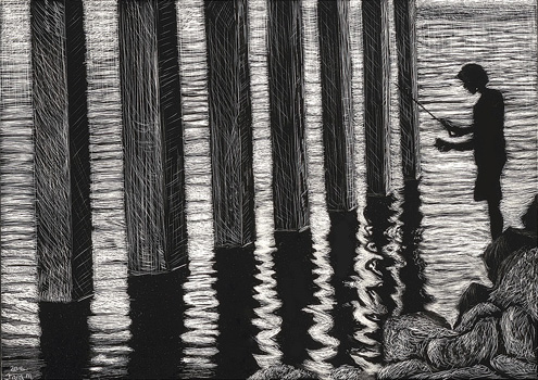 Fishing Under the Bridge – Scratchboard - 5" x 7" - $900