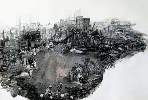 Unyoked - Drawing, Ink wash, Collage, Image Transfer - 32" x 46"