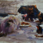 "Three Cats at Breakfast", Yael Maimon, Oil on Linen, 24" x 16", NFS, http://yaelmaimon.com/